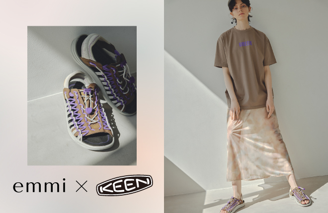 emmi×KEEN アウトドアシーンやモードなシティユースでも活用できる、UNEEKとグラフィックTシャツを別注。