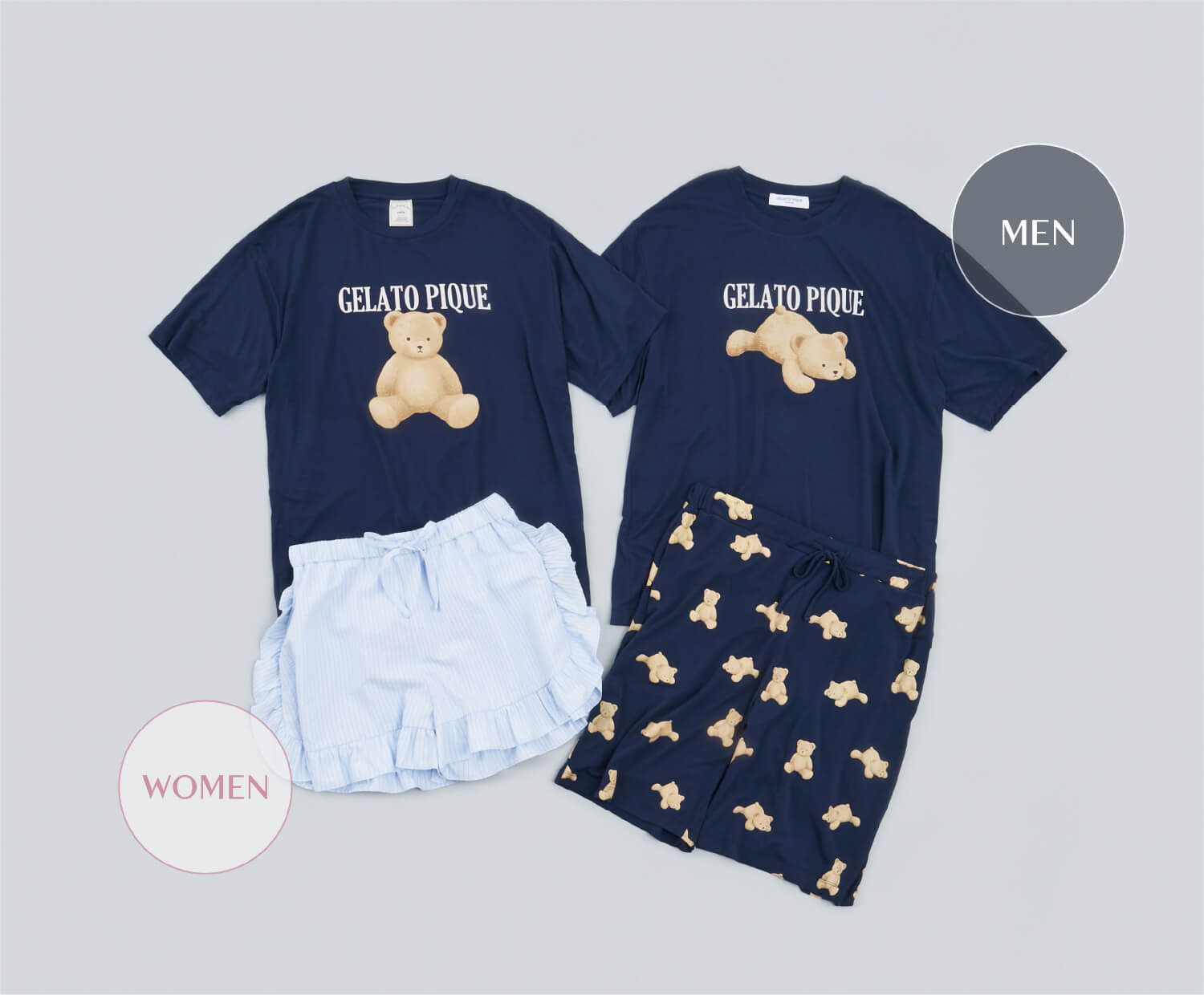 【ONLINE限定】【接触冷感】ベアワンポイントTシャツ&ストライプショートパンツセット,【ONLINE限定】【HOMME】【接触冷感】ベアワンポイントTシャツ&ハーフパンツセット