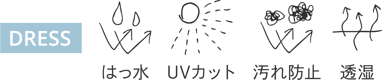                          DRESS                         はっ水                         UVカット                         汚れ防止                         透湿                         