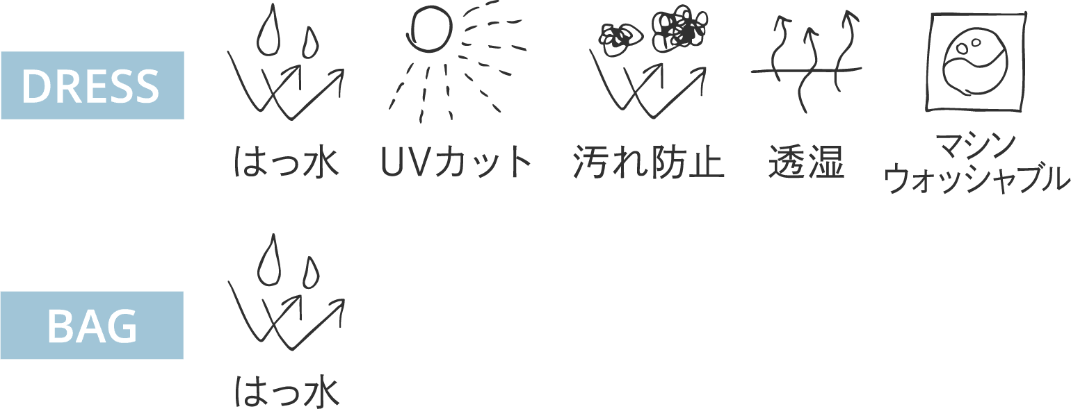                          DRESS                         はっ水                         UVカット                         汚れ防止                         透湿                         マシンウォッシャブル                          BAG                         はっ水                         