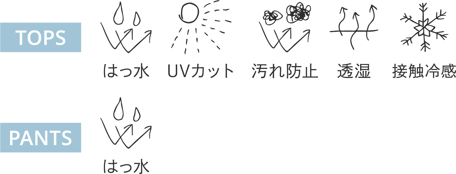                          TOPS                         はっ水                         UVカット                         汚れ防止                         透湿                         接触冷感                          PANTS                         はっ水                         