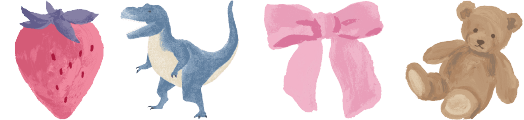 「イチゴ、恐竜、リボン、クマのぬいぐるみ」のイラスト